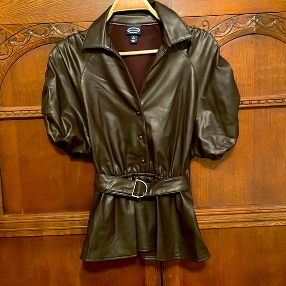Scoop faux leather belted shirt with puff sleeves. - Picture 1 of 6